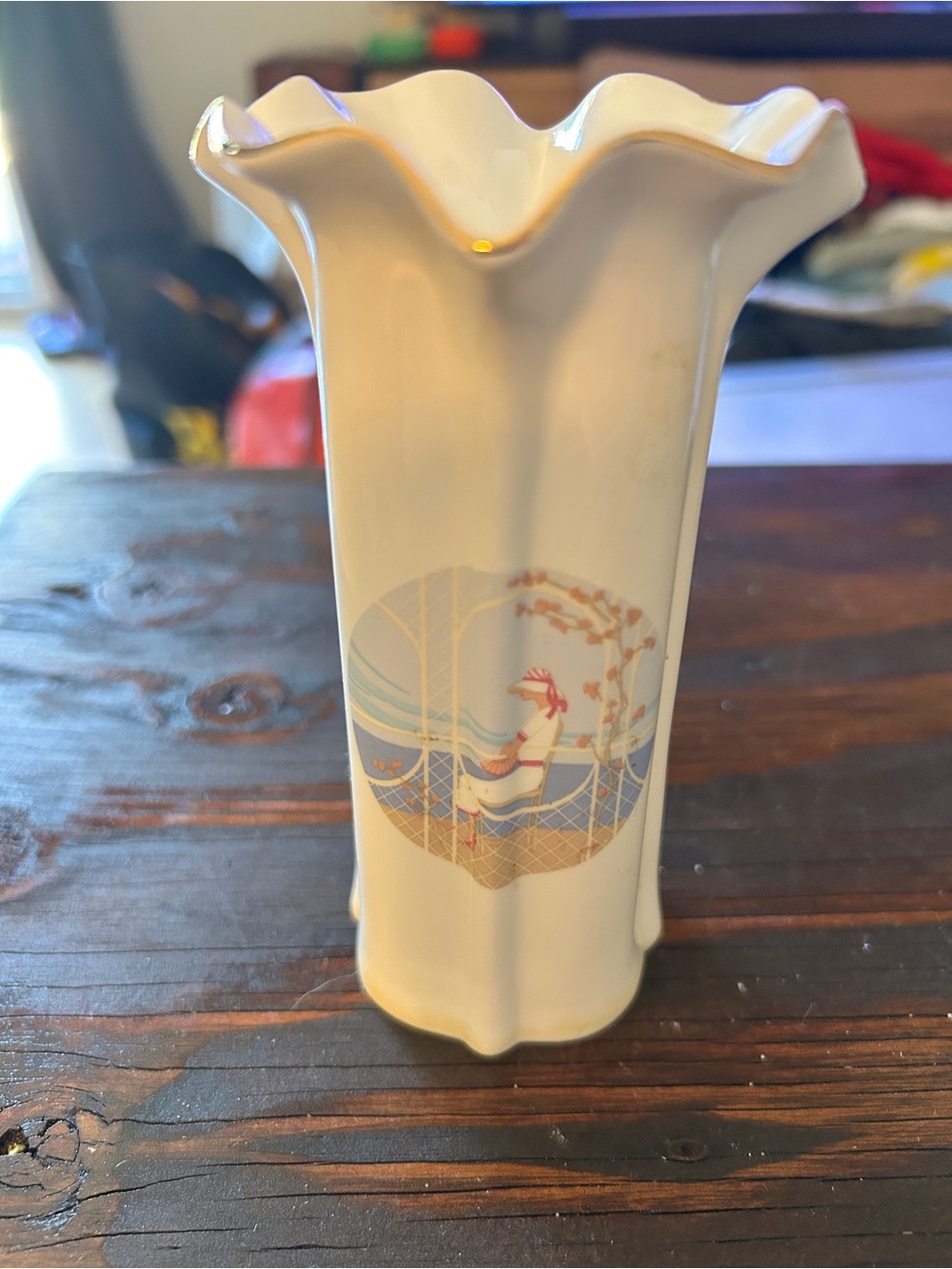 White Porcelain Floral-Trim Vase with Gold Accents Art Deco